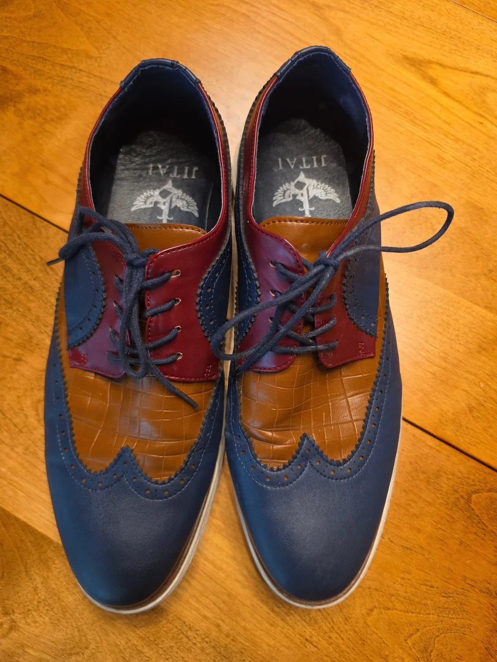 Men's Tri-Color Wingtip Oxfords - Blue/Burgundy/Tan Sz 11
